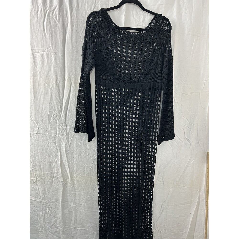 Womens Crochet Dress Size Medium Black Open Knit Grannycore Swim Cover Coachella